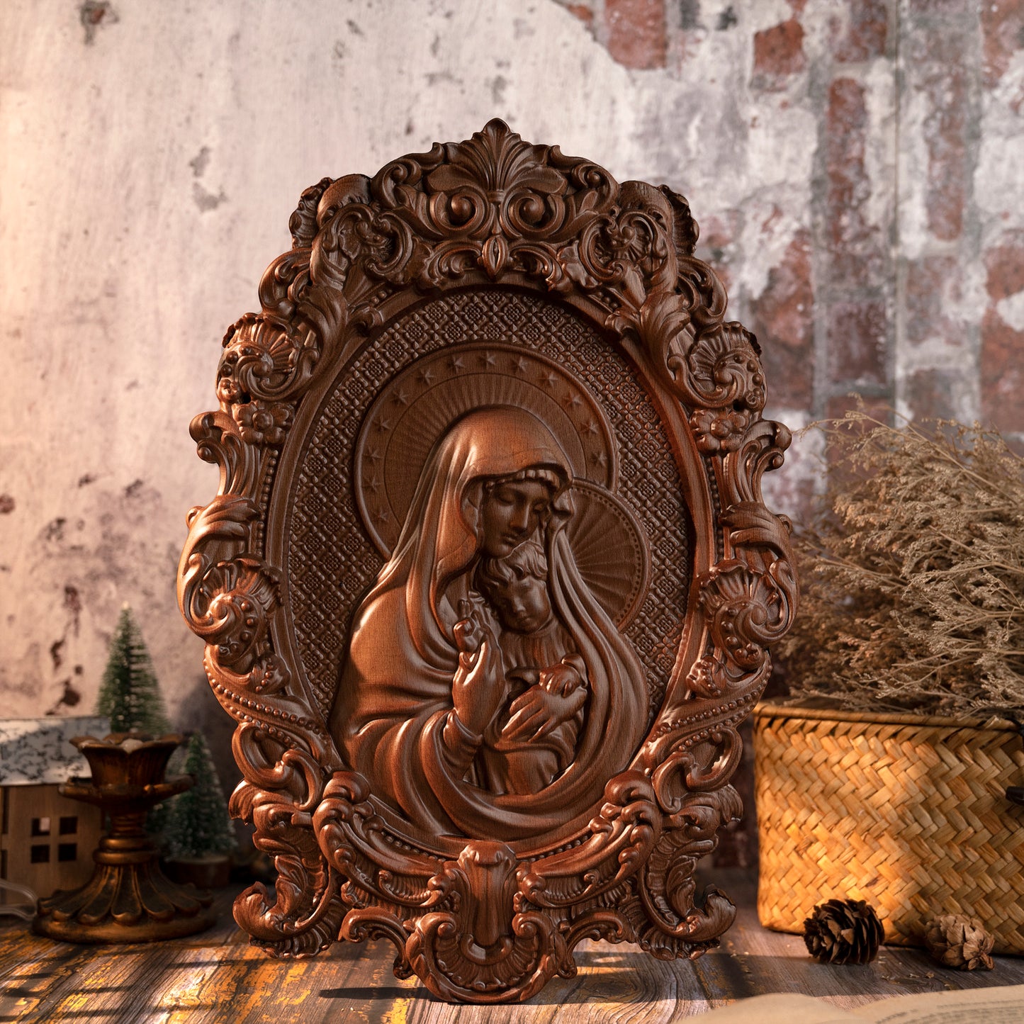 Mother Mary with Baby Jesus Wood Carving Decor,tabletop arrangement,gift cross,Blessed Virgin Mary