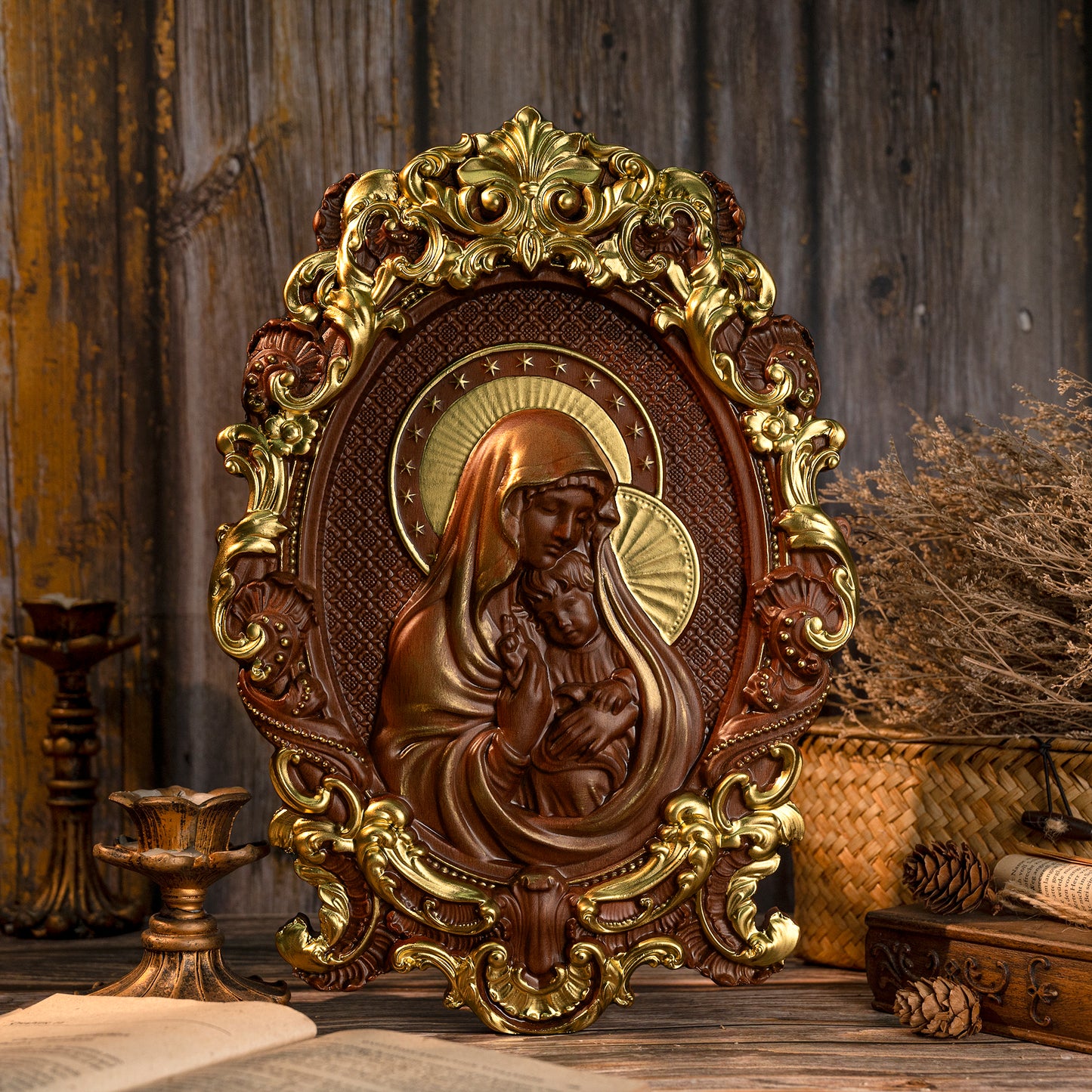 Mother Mary with Baby Jesus Wood Carving Decor,tabletop arrangement,gift cross,Blessed Virgin Mary